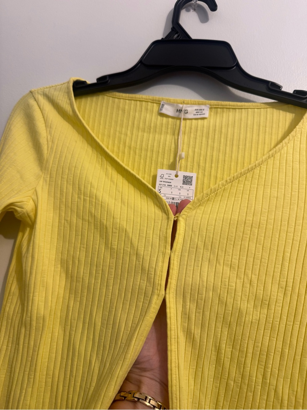 Mango Yellow Ribbed Long-Sleeve Button Front Top - Picture 3 of 6
